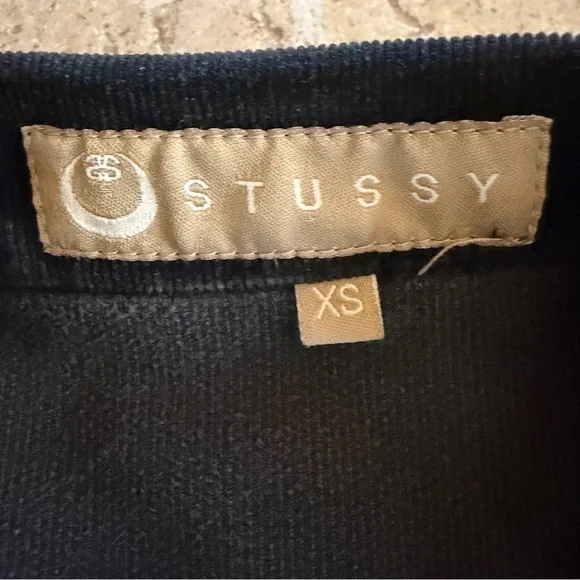 VTG STUSSY Womens XS Black Corduroy Jumpsuit Flare Leg Y2K Baddie 3/4 Sleeve Zip